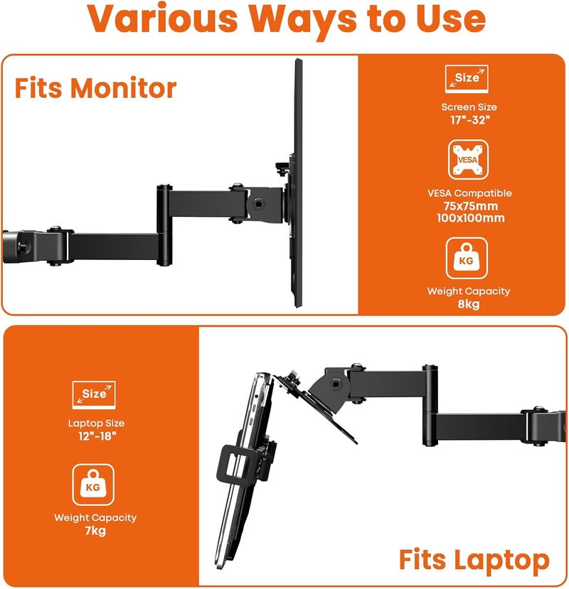 PUTORSEN Laptop Pole Mount Tray – Universal Full Motion Arm Holder with Removable 75mm & 100mm VESA Plate, Fits 12–18 Inch, Black - Image 2